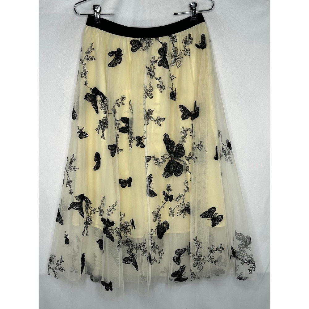 Chicwish Cream Tulle Midi Skirt Black Butterfly Embroidery Elastic Waist Y2KL/XL